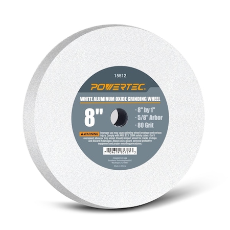 Powertec 80 Grit Aluminum Oxide Grinding Wheel, 8-Inch by 1-Inch, 5/8-Inch Arbor, White 15512